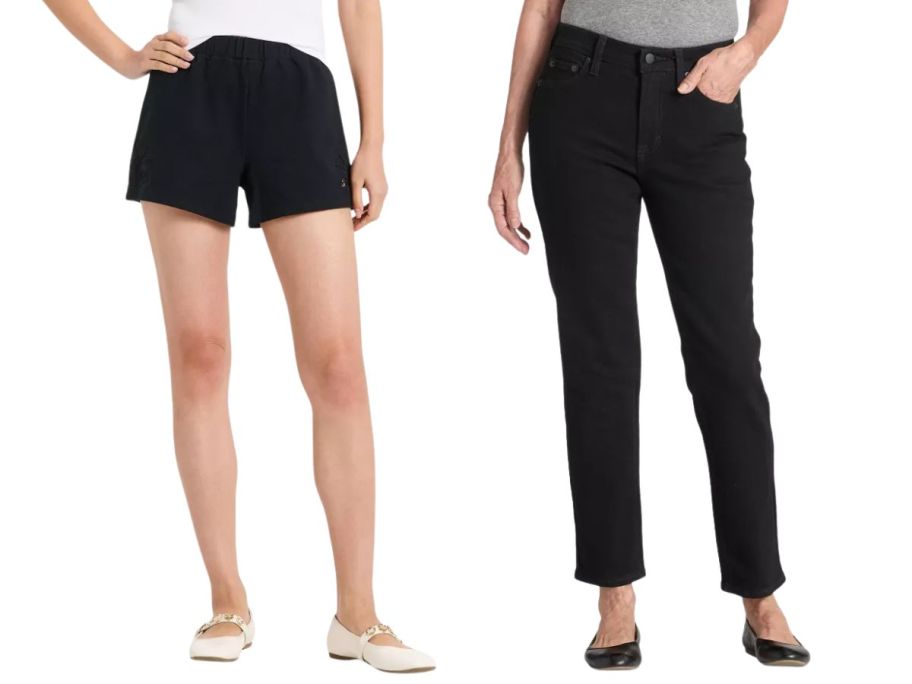 two women wearing A New Day Women's Knit Eyelet Leisure Shorts and Universal Thread Women's Mid-Rise 80's Slim Straight Ankle Jeans