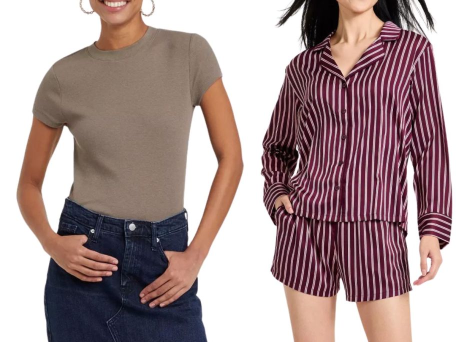 A New Day Women's Slim Fit Short Sleeve Ribbed T-Shirt and Auden Women's Luxury Collection Satin Notch Collar Long Sleeve Shirt & Shorts Pajama Set