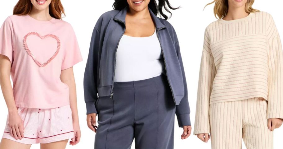 A New Day Women's Valentine's Boxy Graphic Heart T-Shirt, A New Day Women's Sandwash Zip-Up, and Auden Women's Quilted Lounge Sweatshirt