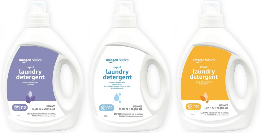 three bottles of Amazon Basics Laundry Detergents