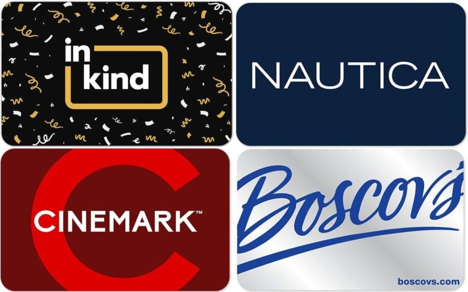 Stock images of Gift Cards by InKind, Nautica, Cinemark, and Boscov's