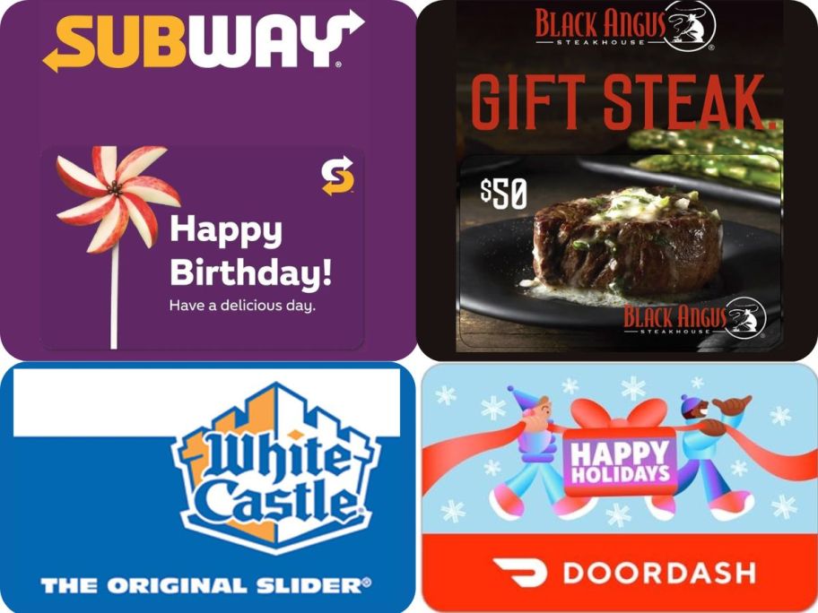 Stock images of Amazon Gift Cards including Subway, Black Angus, White Castle, and DoorDash
