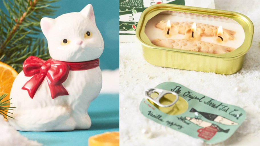 cat and fish tin candles