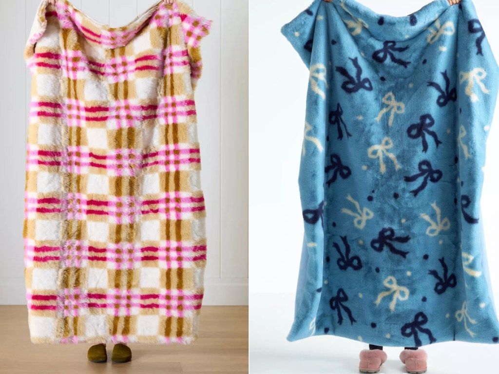 People holding up plaid and bow themed faux for blankets