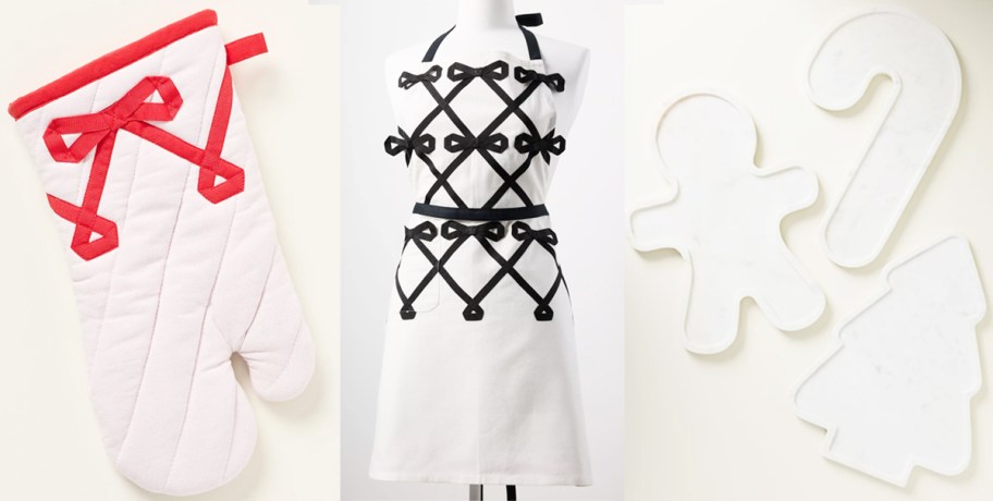 matching bow oven mitt and apron and marble serving boards
