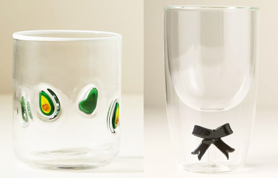 glasses with avocado and bow designs