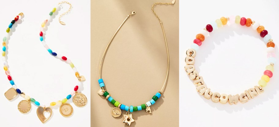 two charm necklaces and a beaded bracelet