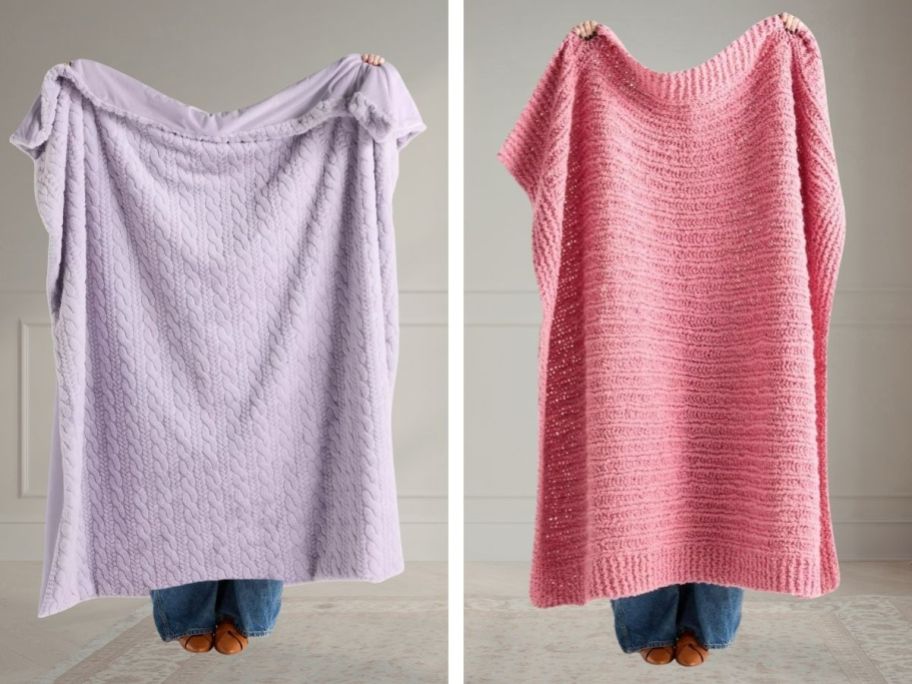 two people holding blankets in front of them in purple and pink