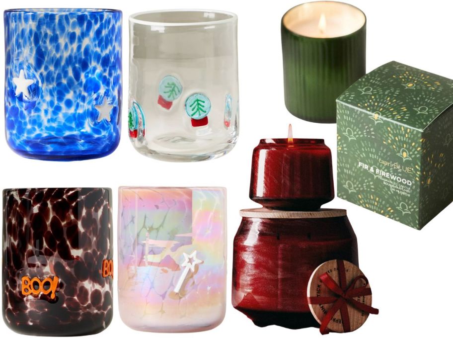 4 glasses, a green candle, and two red candles