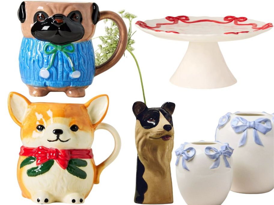 2 dog mugs, a cake stand, dog vase, and 2 vases in blue and white