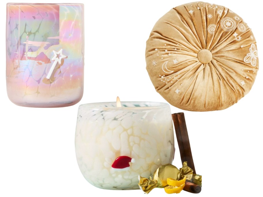 stock images of anthropologie icon cup, candle, and velvet throw pillow