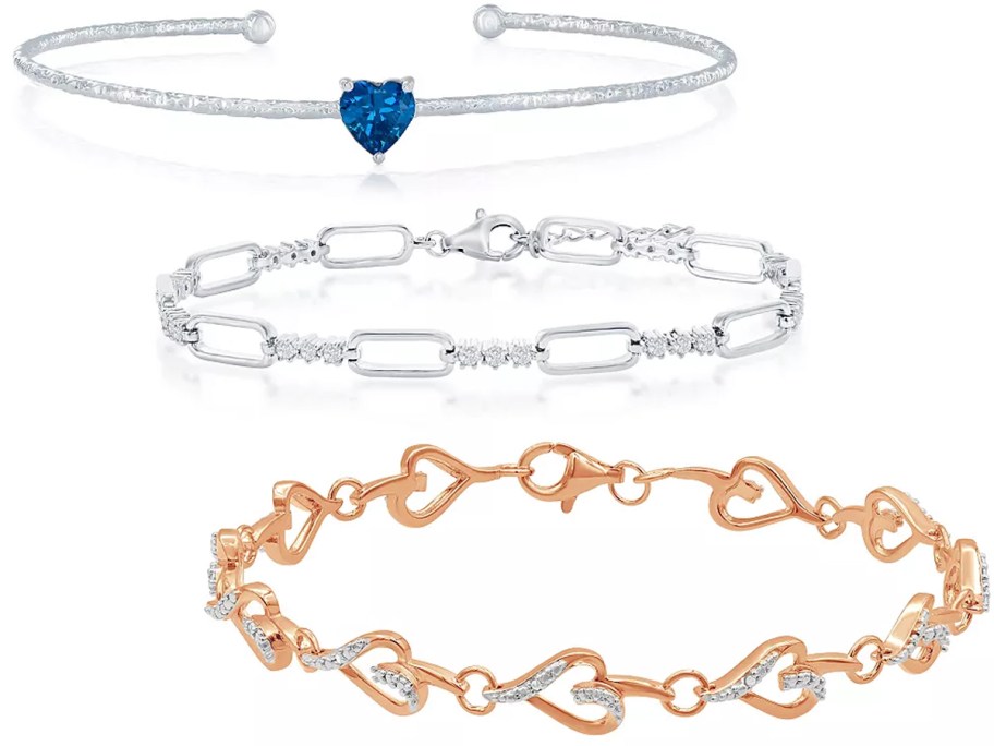 Argento Bella Sterling Silver Cubic Zirconia Heart Bangle Bracelet, Argento Bella Alternating Paperclip Chain Cubic Zirconia Bracelet, Sterling Silver Rose Gold Tone Diamond Accent Heart Link Bracelet