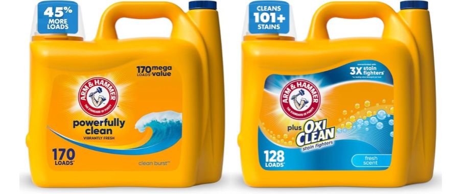 2 large yellow bottles of Arm & Hammer liquid detergent