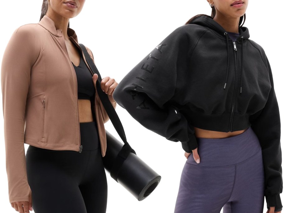 Stock images of two women wearing an Athleta jacket and hoodie