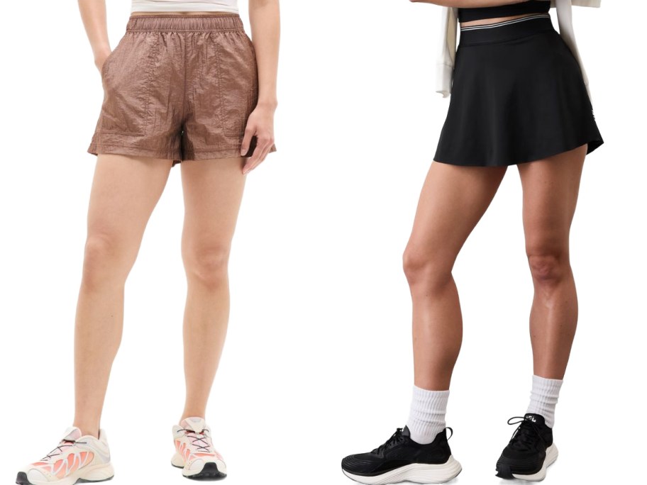 Stock images of two women wearing Athleta shorts and a skort