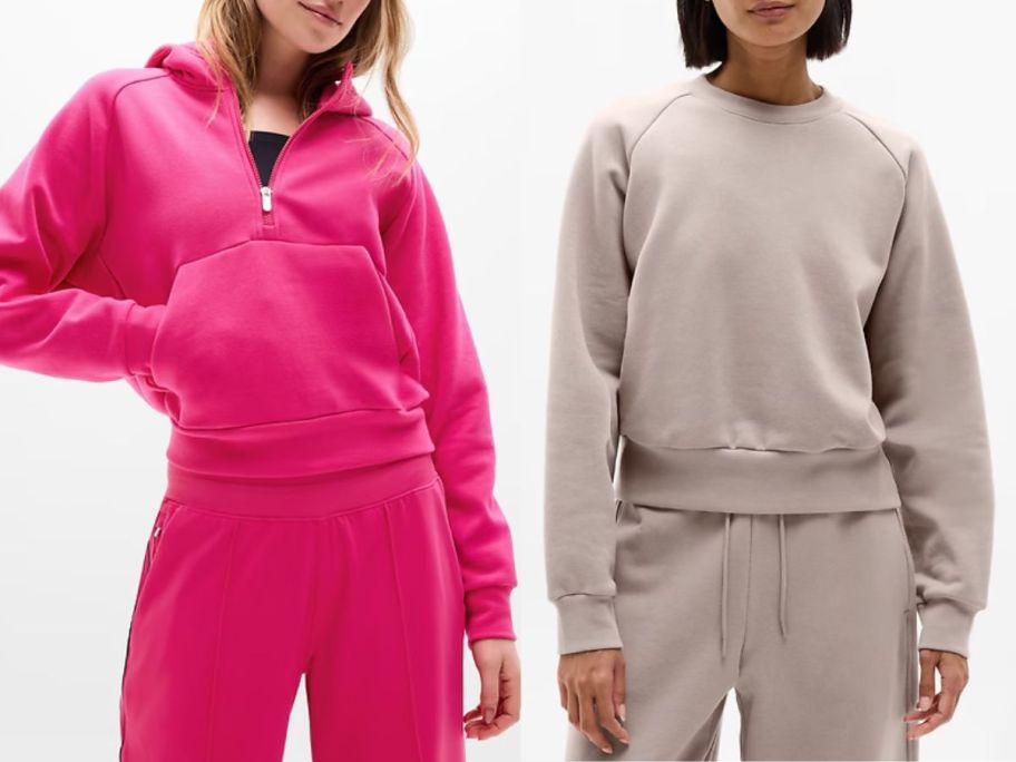 Stock images of two women wearing Athleta Sweatshirts