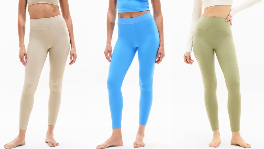 three women in tan, blue, and green leggings