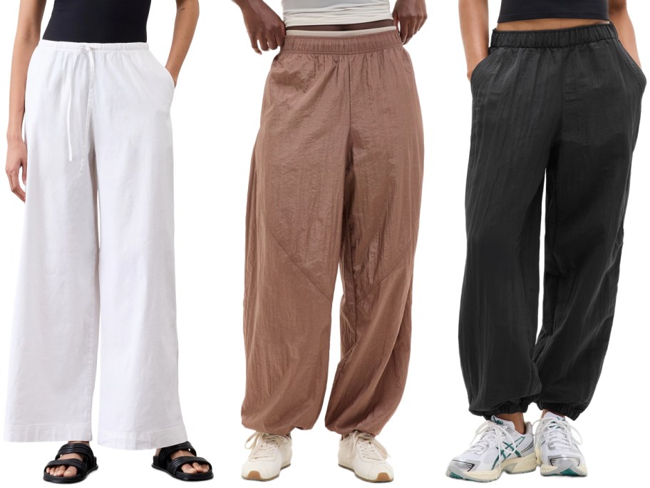 Athleta Paradise Mid Rise Wide Leg Pants, Lunar Sheen Utility Mid Rise Pants, Pursuit Mid Rise Zip Joggers