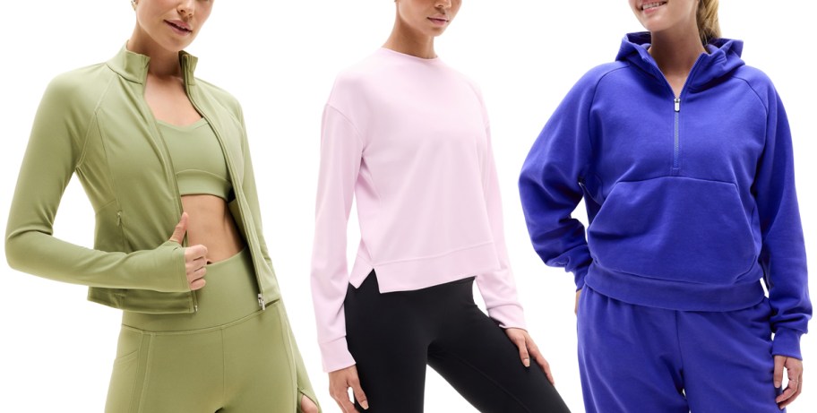 Athleta Salutation Pop Stitch Crop Jacket, Athleta Seasoft Crewneck Sweatshirt, Athleta Forever Fleece 1:2 Zip Hoodie