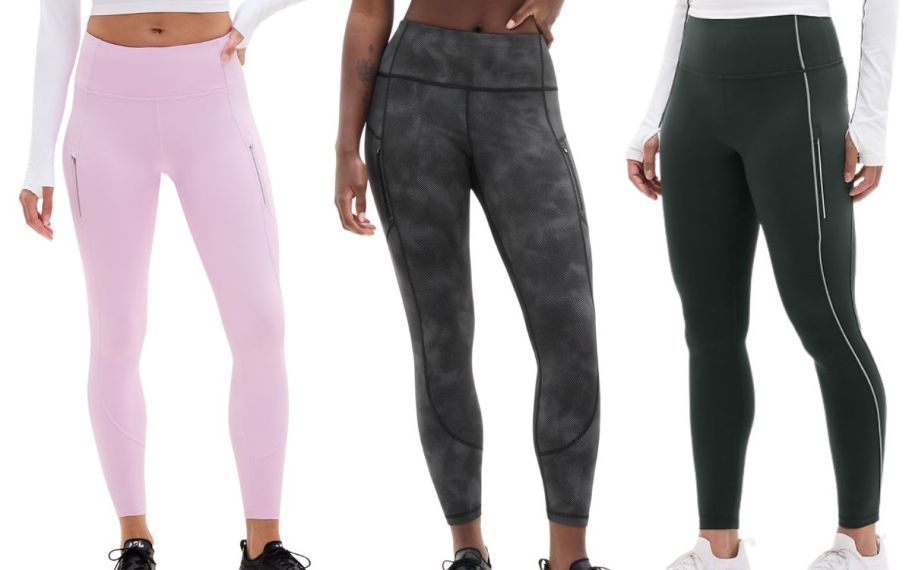 Three different Athleta rainier leggings on display