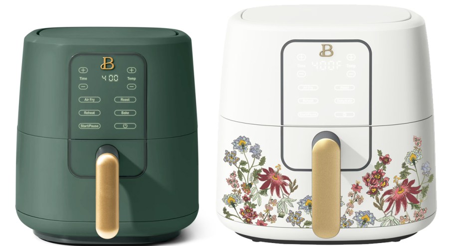 green and gold and white floral print air fryers