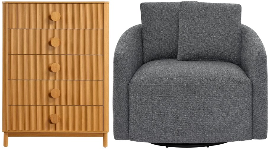 a fluted dresser and gray kids swivel chair
