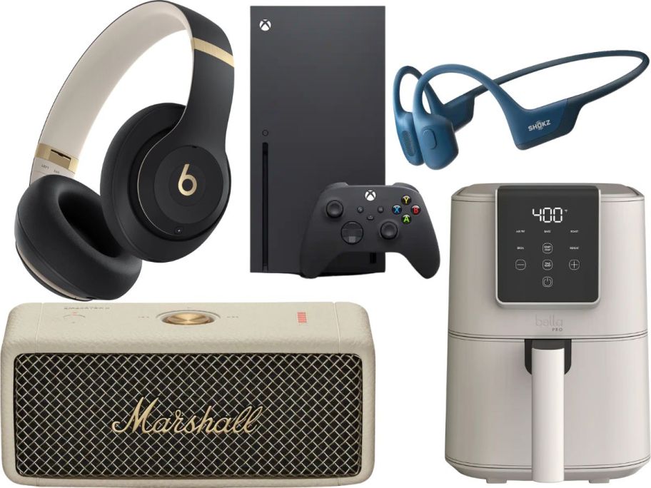 Ear phones, xbox, speaker and air fryer