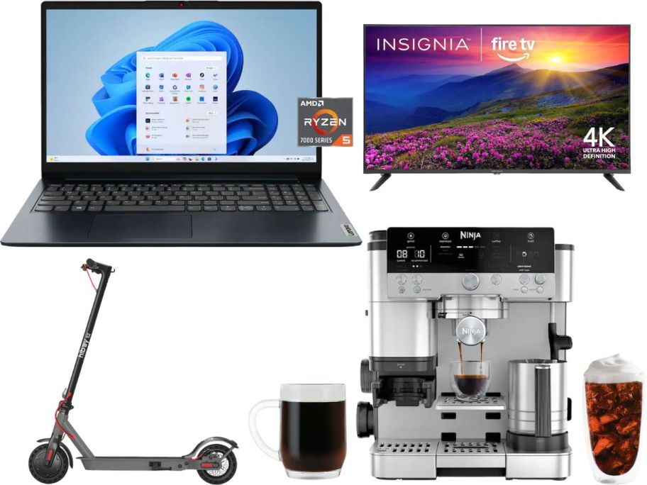 A laptop, tv, scooter, and espresso machine