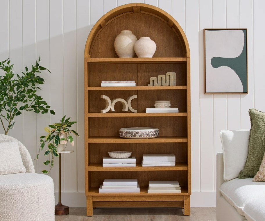 better homes and gardens juliet open arch cabinet with decorations in natural wood