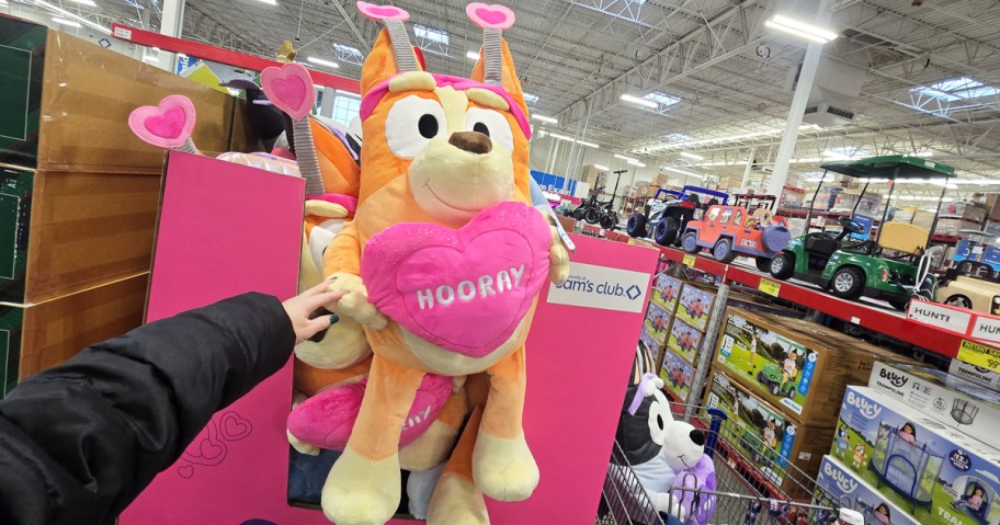 jumbo bingo plush holding a heart that says hooray