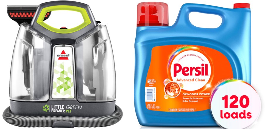 bissell little green machine and large bottle of persil detergent