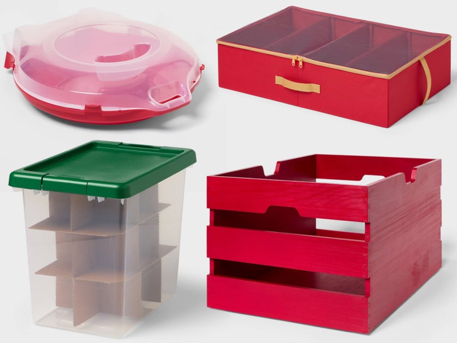 Brightroom 24 Latching Christmas Wreath Storage, 4 Compartment Soft Sided Storage, Latching Clear Christmas Ornament Storage Box, Wood Crate Christmas Decorative Storage Bin