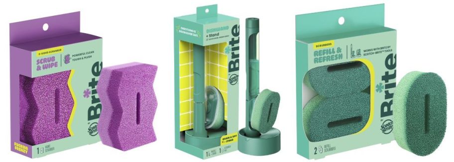 Brite by Scotch-Brite 2-Sided Scrub & Wipe, Fillable Dishwand w/ Drain + Dry Stand, and Refill & Refresh Replacement Scrubbers 