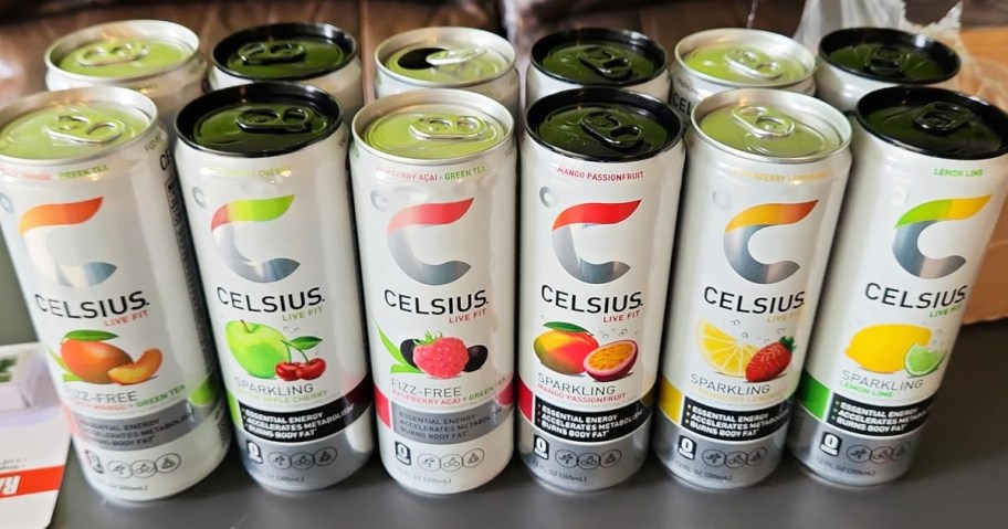 variety of CELSIUS Energy Drinks on counter