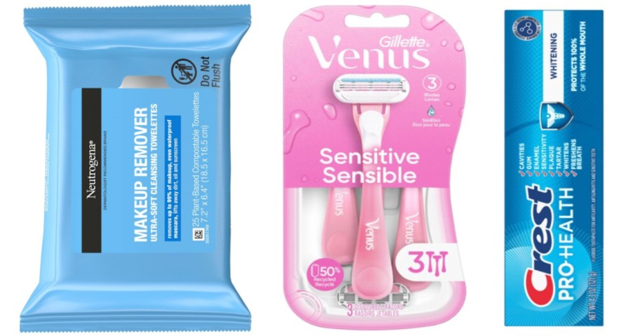 face wipes, disposable razor and toothpaste