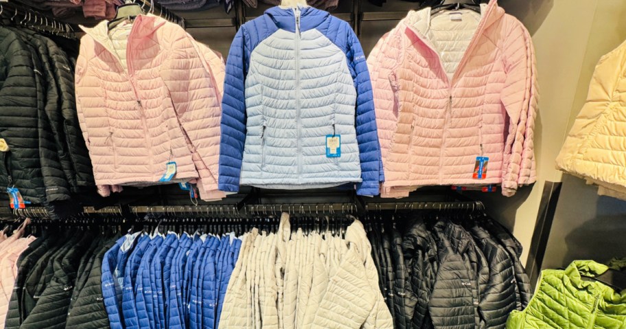 Columbia jackets hanging in store