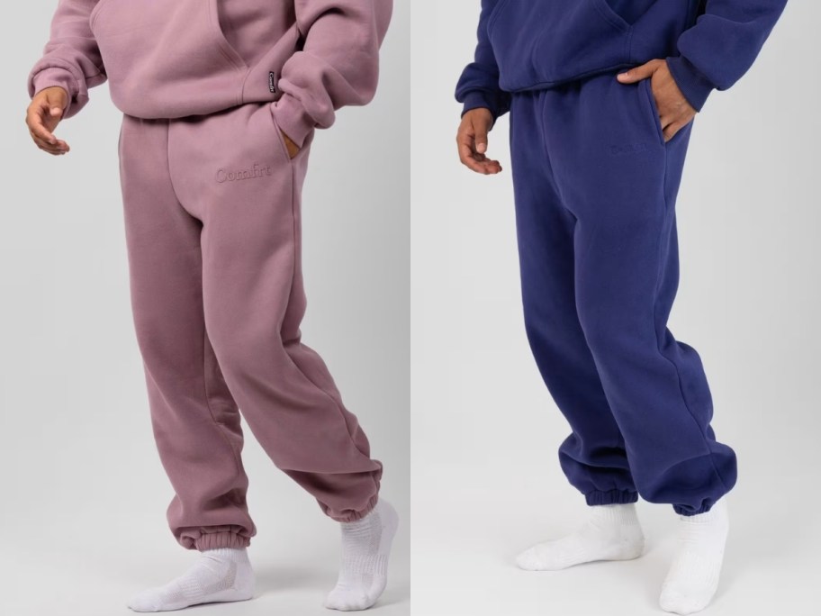 2 models wearing different styles and colors of sweatpants