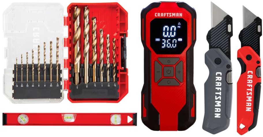 Craftsman 14-Piece Assorted x Gold Oxide Twist Drill Bit Set, Aluminum 24 3 Vial I-Beam Level, 3:4 Folding Utility Knife 2-Pack, Portable 12-volt Air Inflator