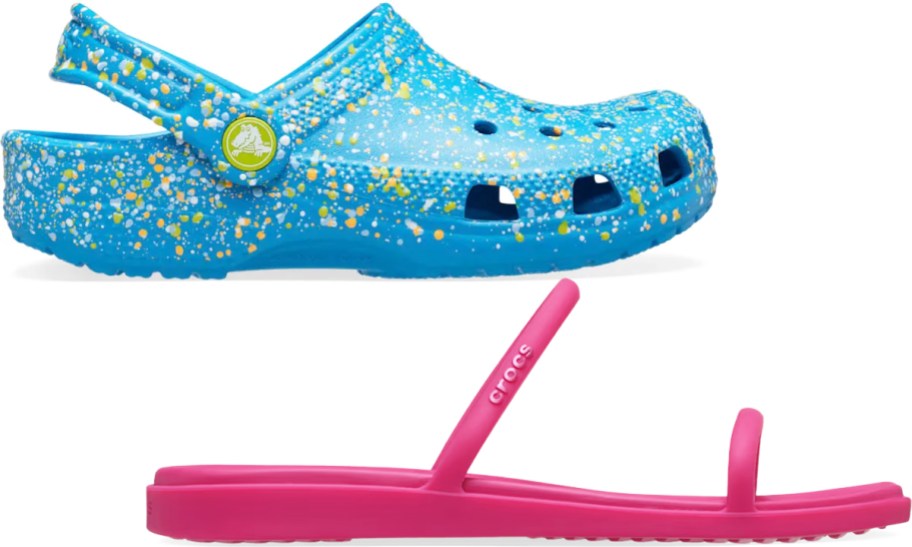 blue crocs clog and a pink sandal