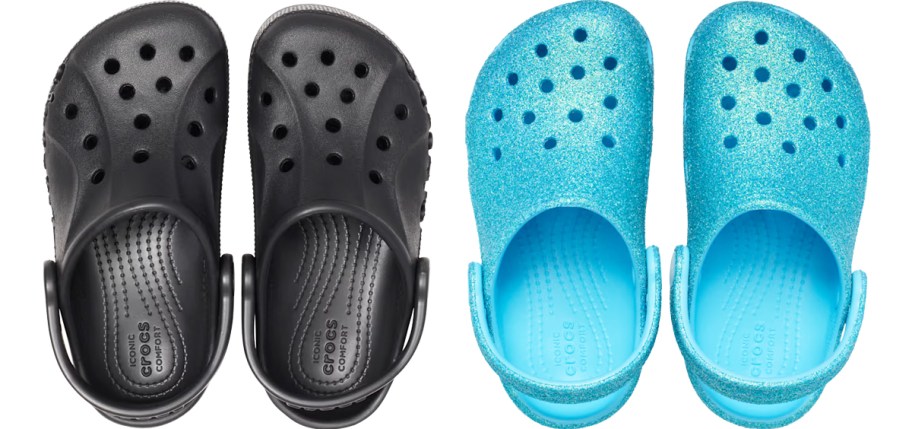 solid black and glittery blue pairs of crocs clogs