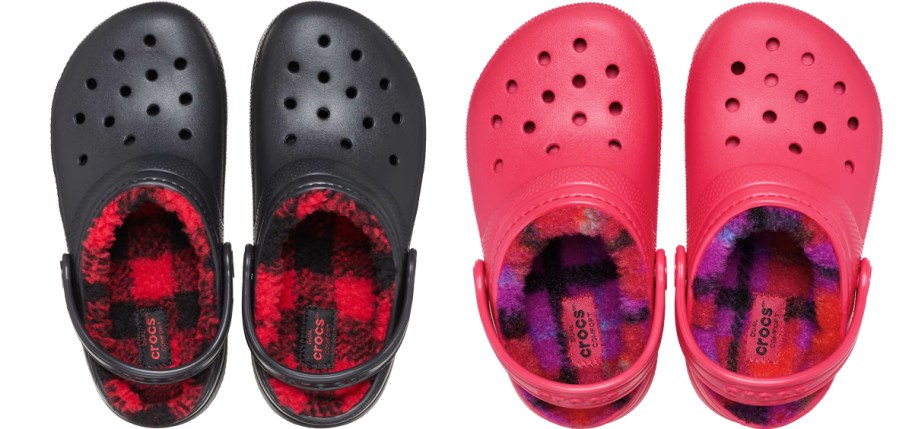 black and red fuzzy lined crocs clogs