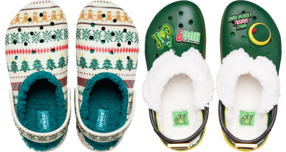 two pairs of christmas crocs clogs