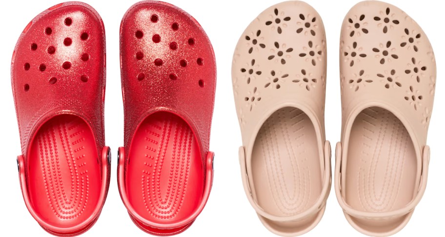 red glitter and tan floral print crocs clogs
