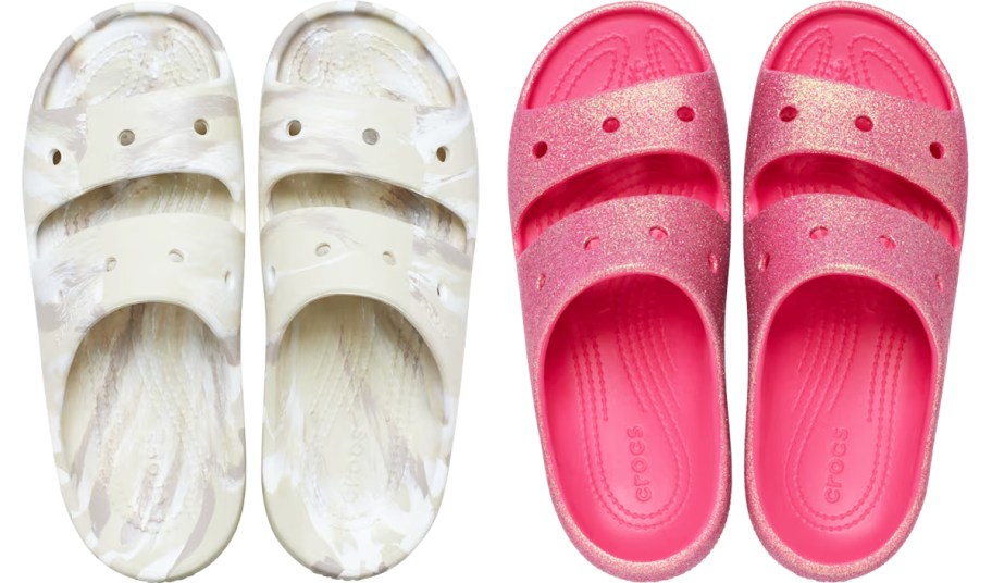 tan marble and pink glitter pairs of sandals