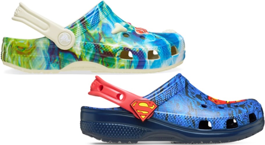 ocean and superman themed crocs clogs