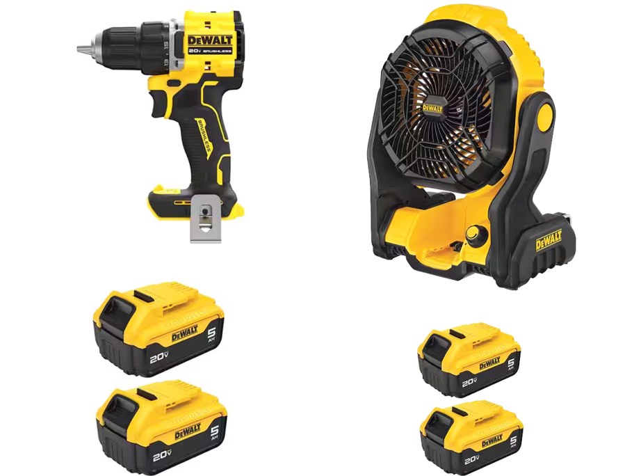 DEWALT drill driver and fan with battery packs