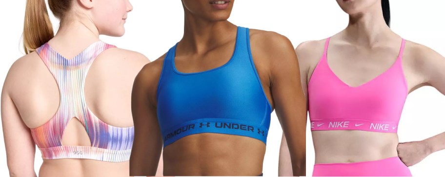 Three women wearing Dicks Sporting Goods sports bras.