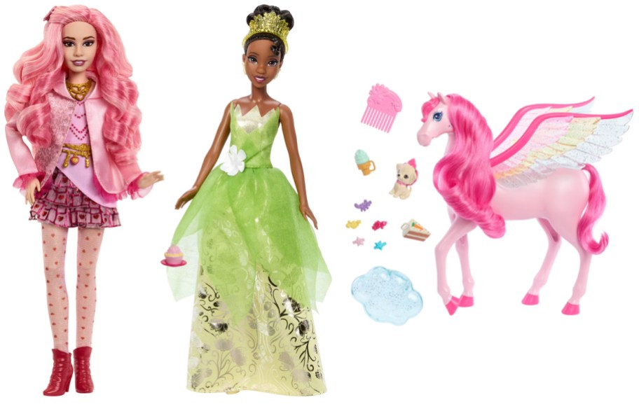 Disney Descendants- The Rise of Red Fashion Doll & Accessory - Bridget, Disney Princess Enchanted Stories Tiana Fashion Doll, Barbie A Touch of Magic Pink Pegasus
