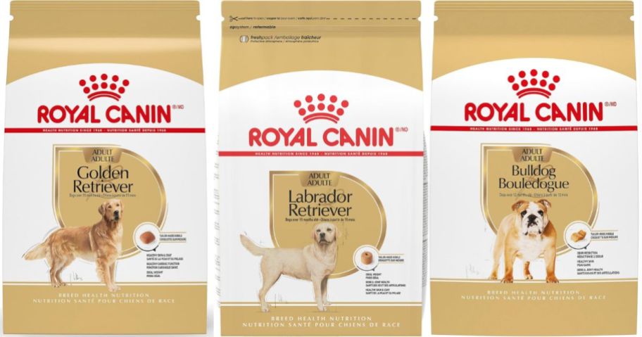 stock image of three different kinds of dog food