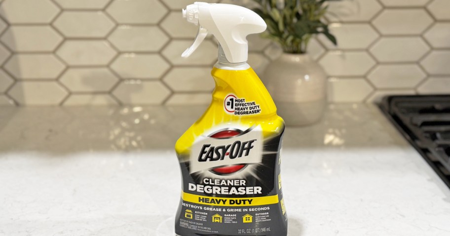 bottle of Easy-Off Heavy Duty Degreaser Cleaner on kitchen counter